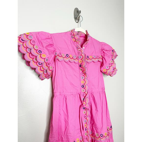 CeliaB Alvis Fuschia Pink Scalloped Edge Tiered Midi Shirt Dress XS $400 - Picture 4 of 10
